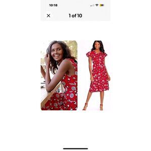 Talbots Beach Umbrella Flounce Midi Red Black Dress Flutter Sleeve Belted Zip 14